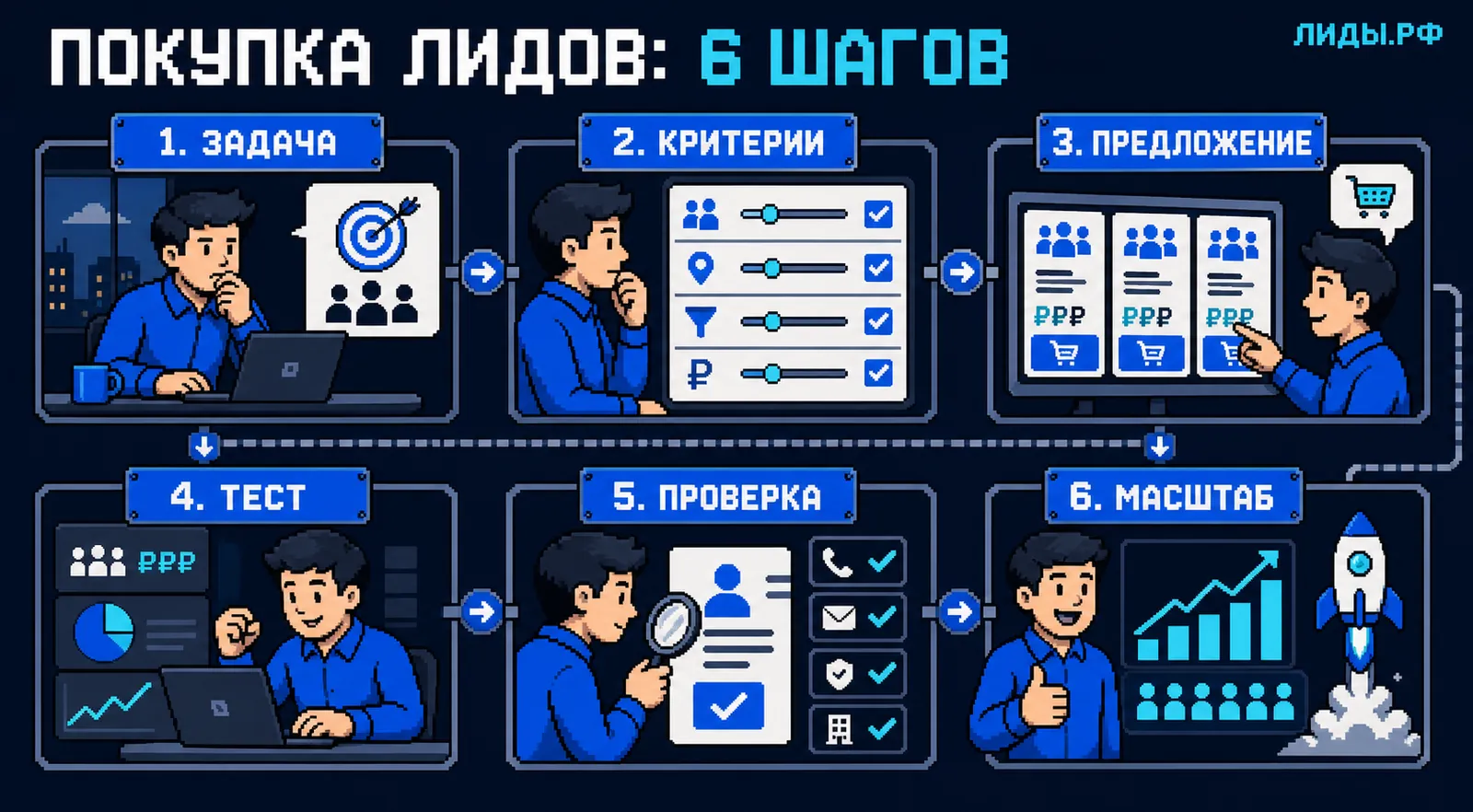 Инфографика покупки лидов в шесть шагов