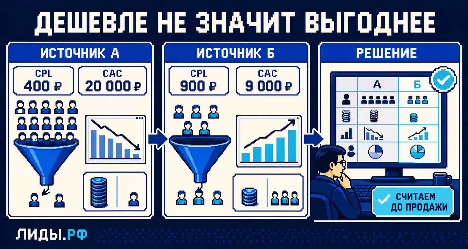 Комикс сравнения источников по CPL и CAC