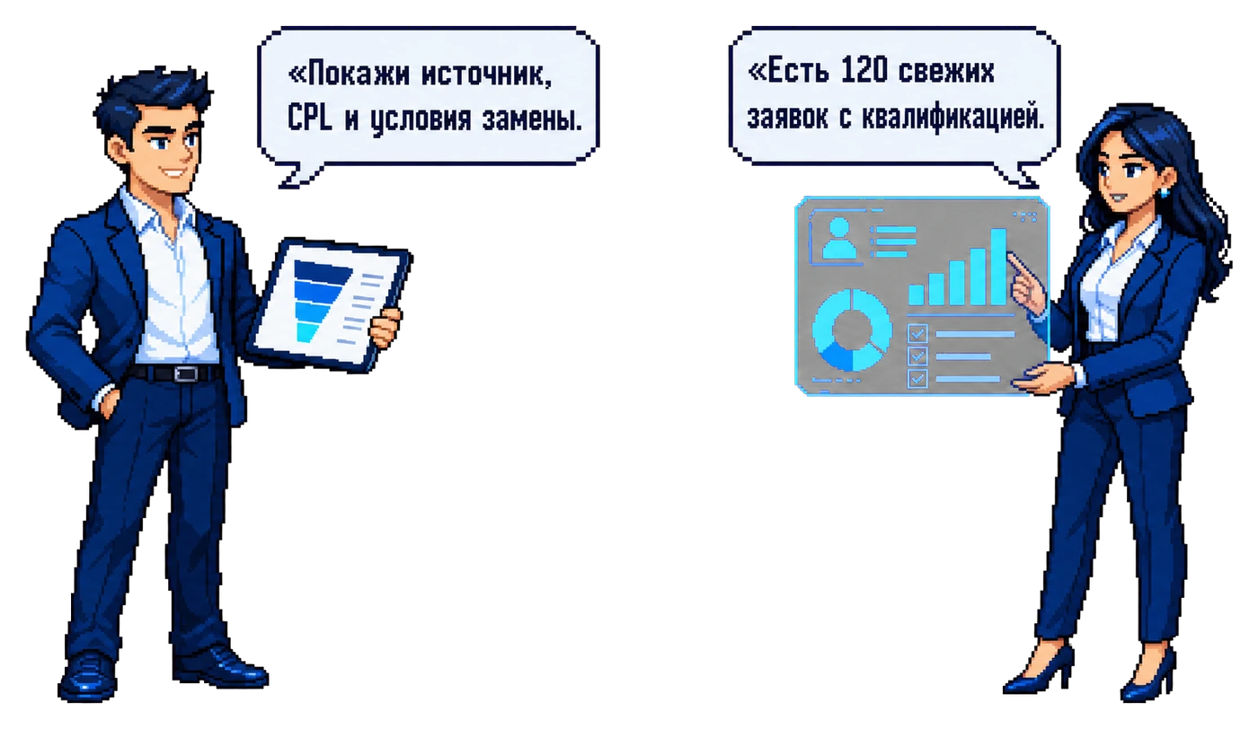 Покупатель спрашивает об источнике и условиях, поставщик показывает 120 квалифицированных заявок