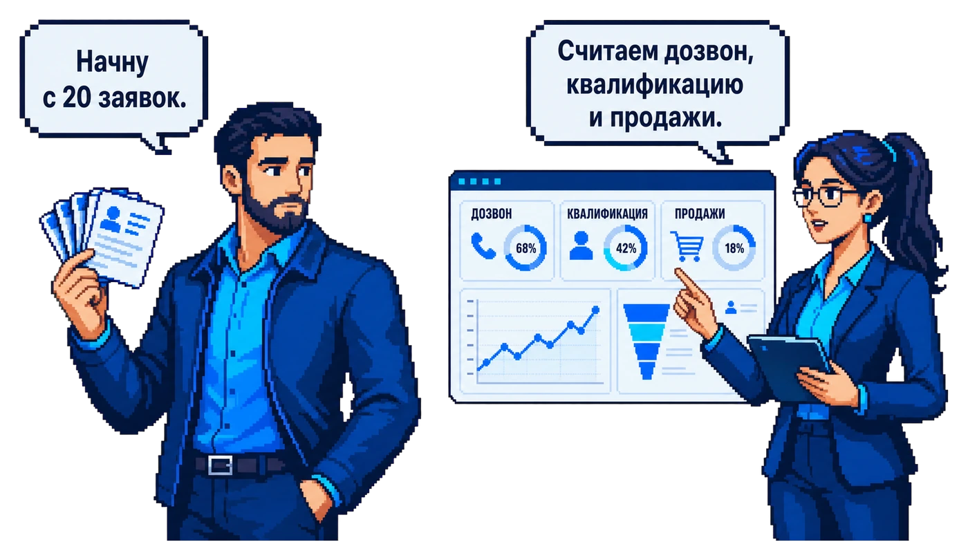 Покупатель начинает с 20 заявок, аналитик считает дозвон, квалификацию и продажи